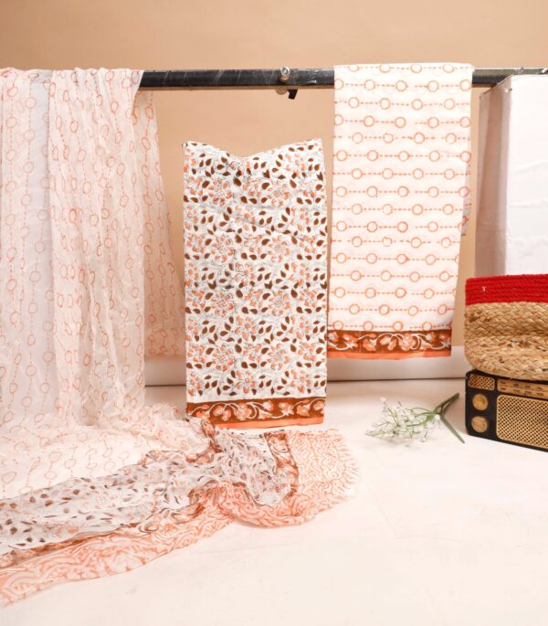 Hand Block Print Cotton Suit With Chiffon Dupatta