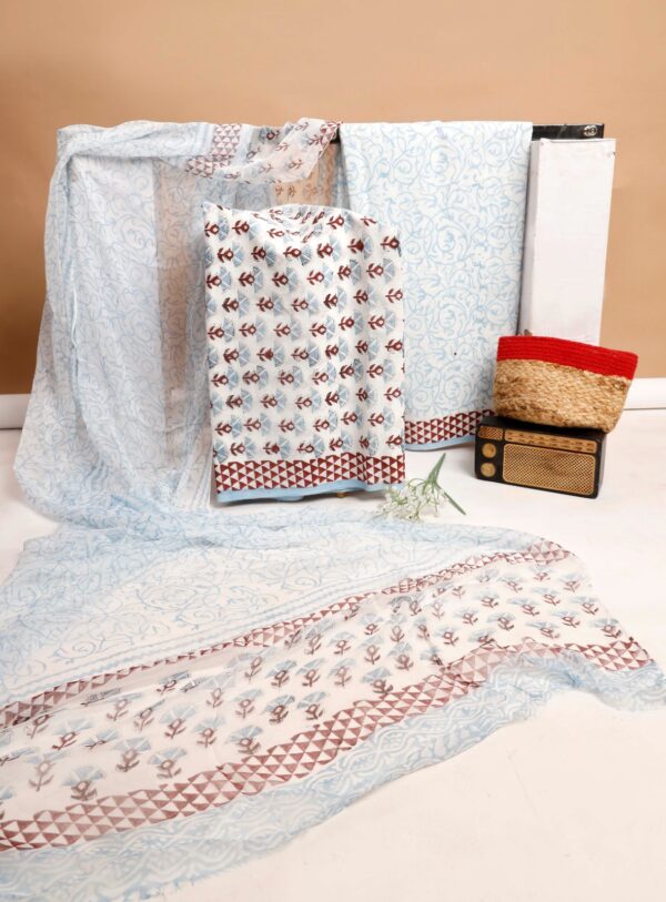 Hand Block Print Cotton Suit With Chiffon Dupatta