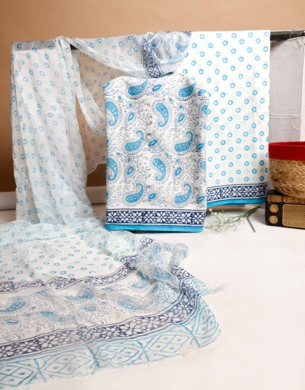 Hand Block Print Cotton Suit With Chiffon Dupatta