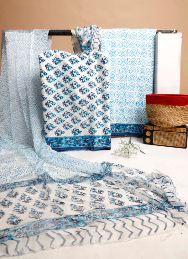 Hand Block Print Cotton Suit With Chiffon Dupatta
