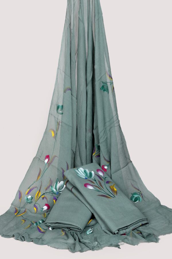 Hand Block Print Cotton Suit With Chiffon Dupatta