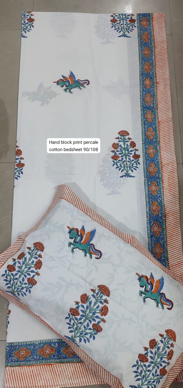 Block Print Percale Bed Sheet With 2 Pillows