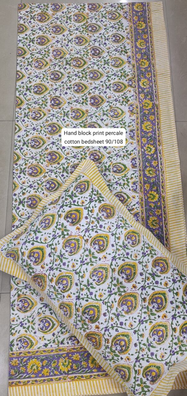Block Print Percale Bed Sheet With 2 Pillows