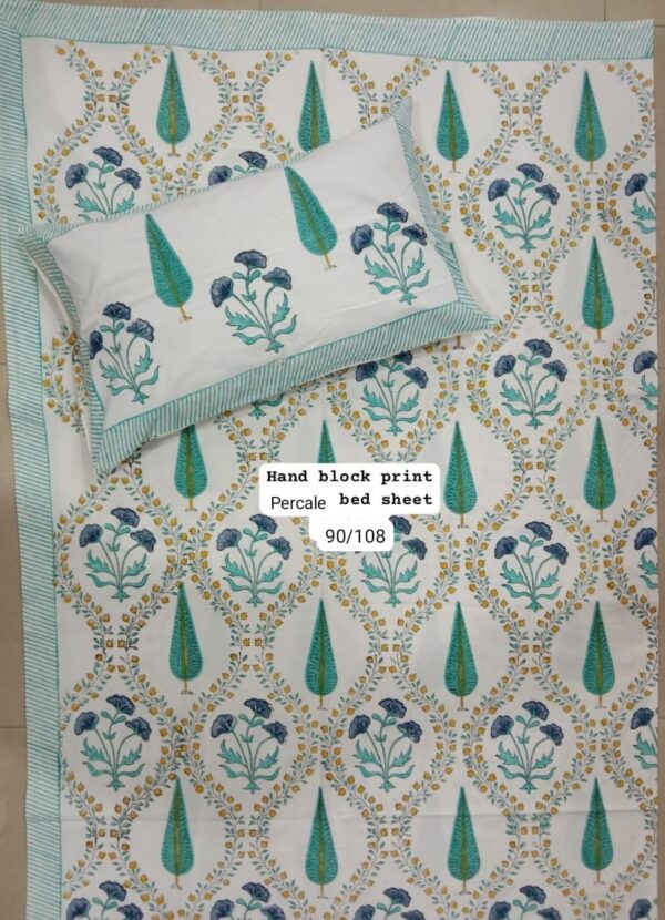 Block Print Percale Bed Sheet With 2 Pillows