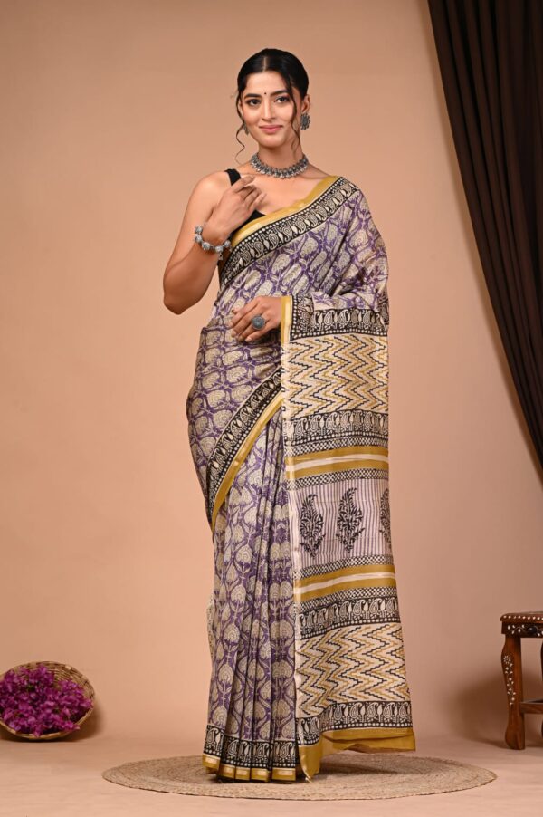 Hand Block Print Chandri Silk Saree