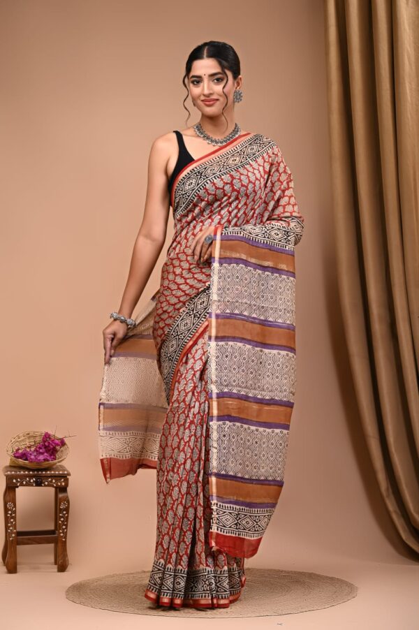 Hand Block Print Chandri Silk Saree