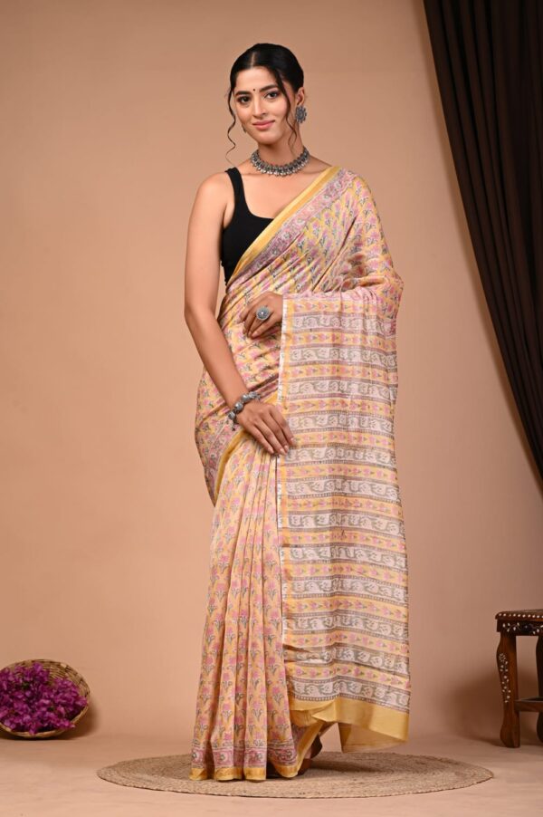 Hand Block Print Chandri Silk Saree