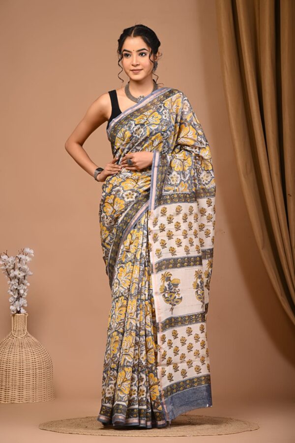 Hand Block Print Chandri Silk Saree