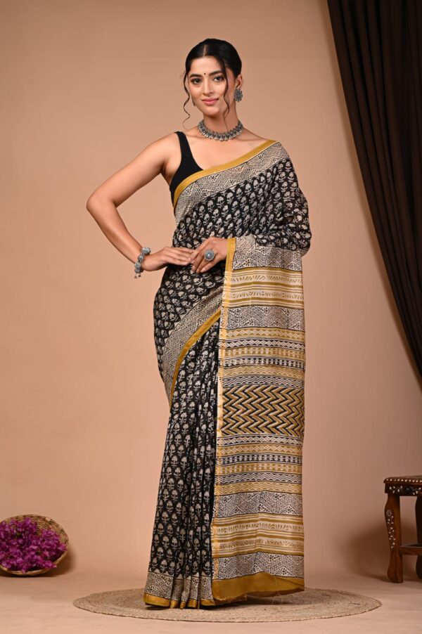 Hand Block Print Chandri Silk Saree