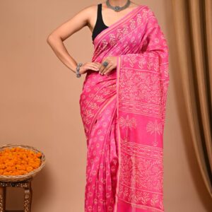Hand Block Print Chandri Silk Saree