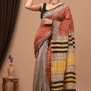 Hand Block Print Chandri Silk Saree