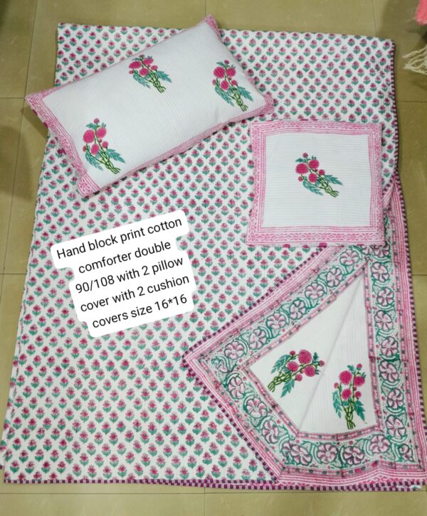 Block Print Comforter With 2 Pillows+2 Cushions