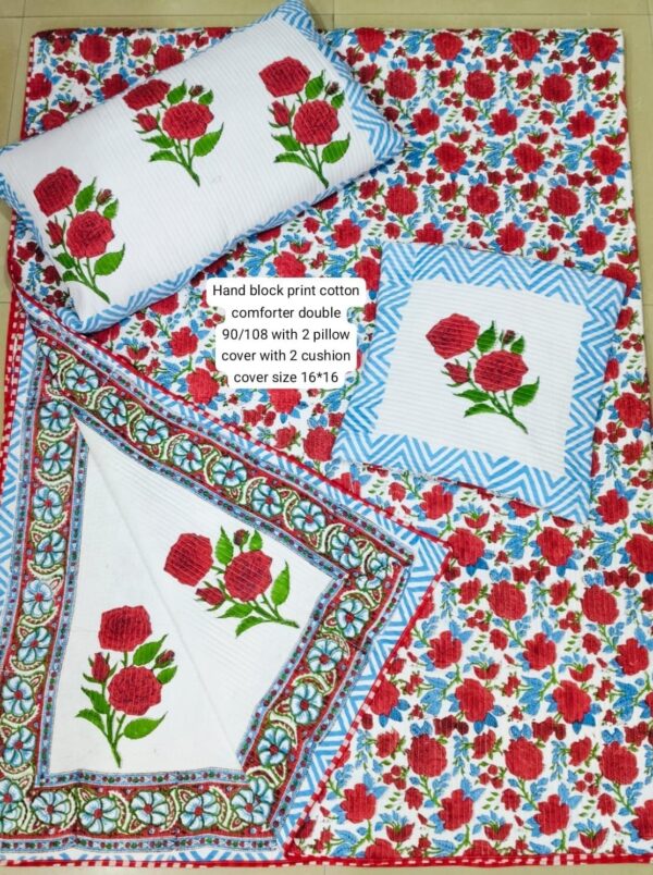Block Print Comforter With 2 Pillows+2 Cushions
