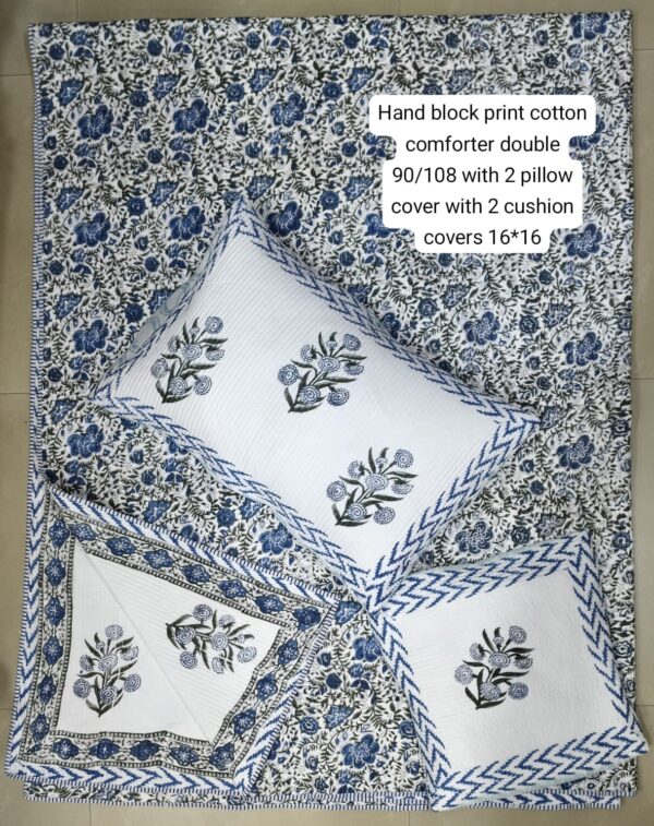 Block Print Comforter With 2 Pillows+2 Cushions