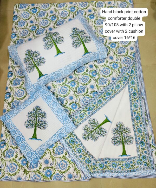 Block Print Comforter With 2 Pillows+2 Cushions