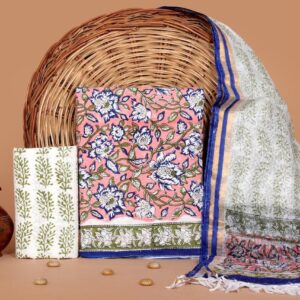 Hand Block Print Kantha Suit With Kota Doriya Dupatta