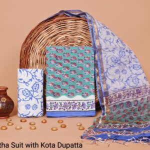 Hand Block Print Kantha Suit With Kota Doriya Dupatta