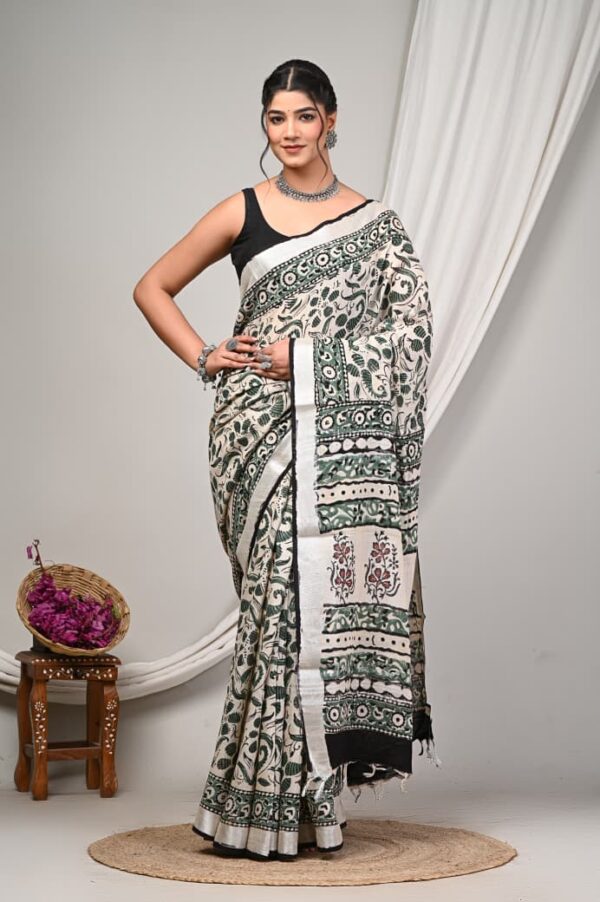 Hand Block Print Linen Cotton Saree