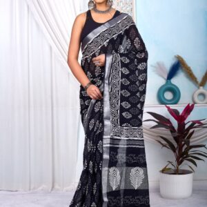 Hand Block Print Linen Cotton Saree