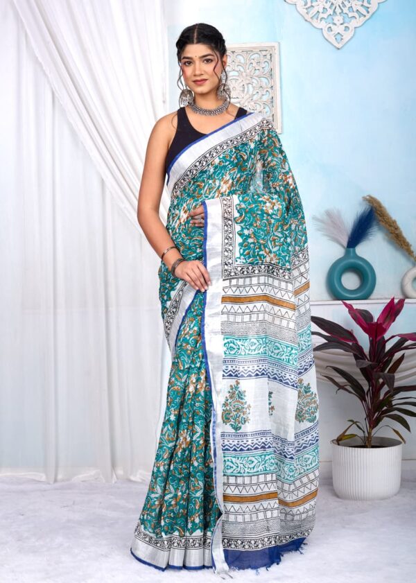 Hand Block Print Linen Cotton Saree