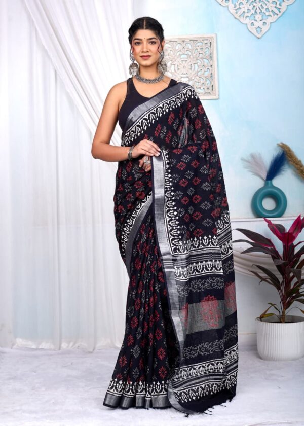 Hand Block Print Linen Cotton Saree
