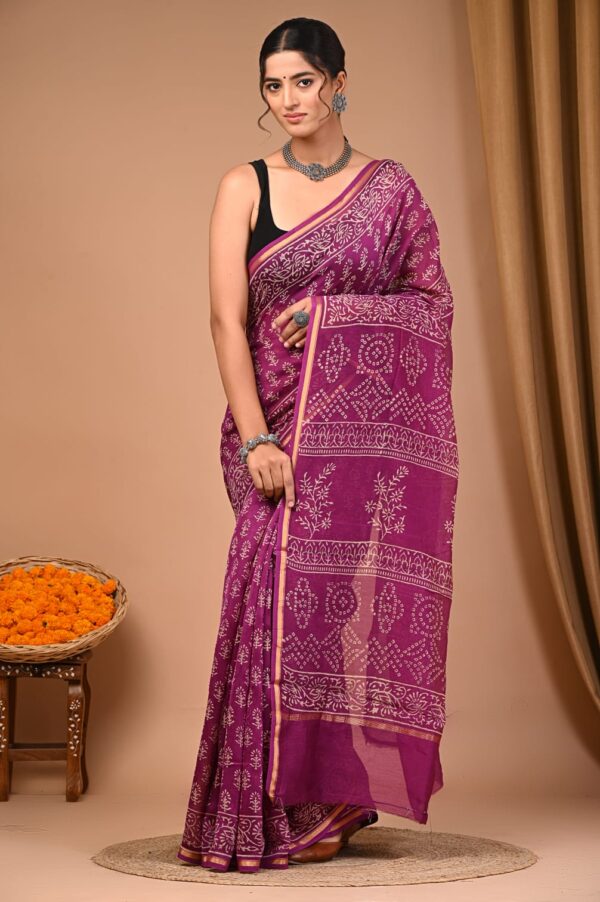 Hand Block Print Chandri Silk Saree