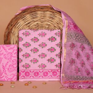 Hand Block Print Kantha Suit With Kota Doriya Dupatta
