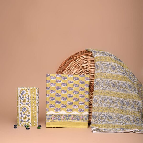 Block Print Cotton Suit With kota Doriya Dupatta