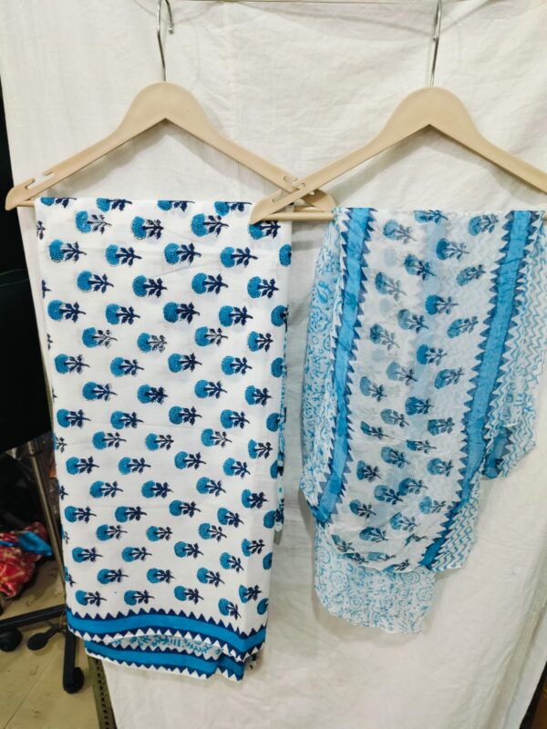 Hand Block Print Cotton Suit With Chiffon Dupatta