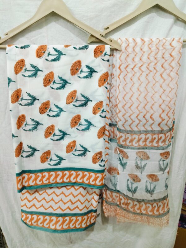 Hand Block Print Cotton Suit With Chiffon Dupatta