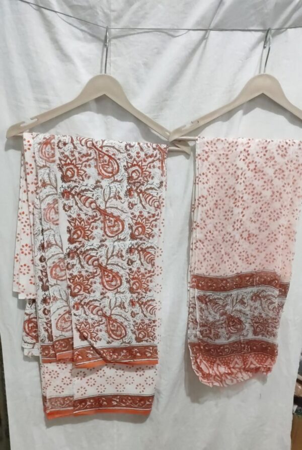 Hand Block Print Cotton Suit With Chiffon Dupatta