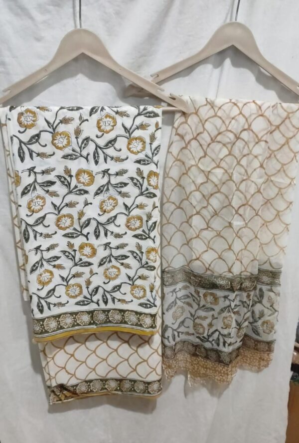 Hand Block Print Cotton Suit With Chiffon Dupatta