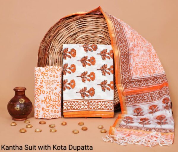 Hand Block Print Kantha Suit With Kota Doriya Dupatta