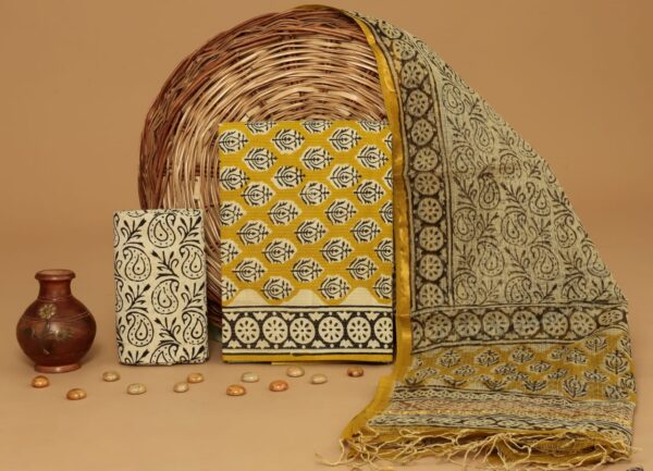 Hand Block Print Kantha Suit With Kota Doriya Dupatta