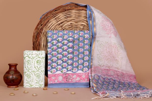 Hand Block Print Kantha Suit With Kota Doriya Dupatta