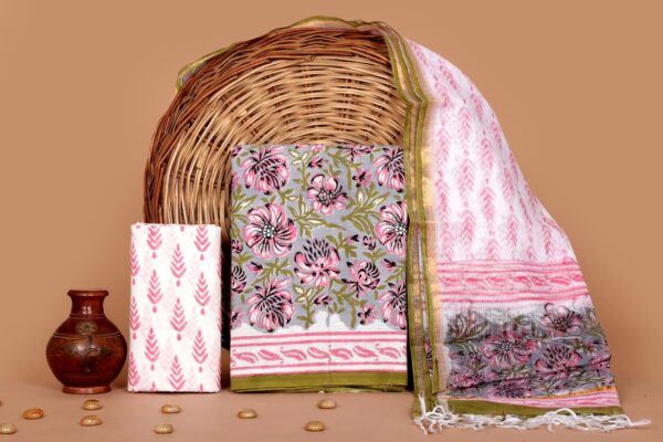 Hand Block Print Kantha Suit With Kota Doriya Dupatta