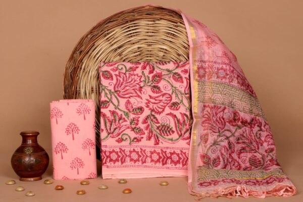 Hand Block Print Kantha Suit With Kota Doriya Dupatta