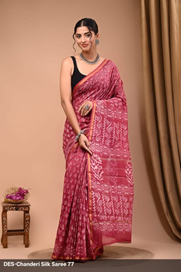 Hand Block Print Chandri Silk Saree