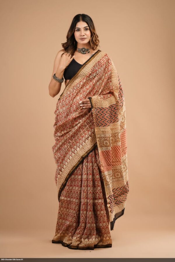 Hand Block Print Chandri Silk Saree