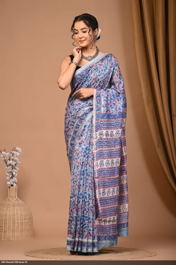 Hand Block Print Chandri Silk Saree