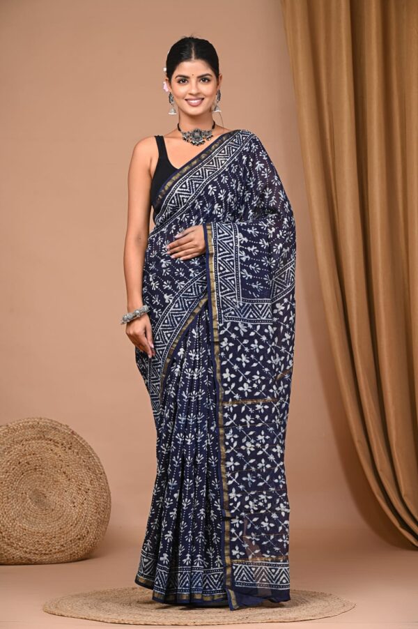 Hand Block Print Chandri Silk Saree