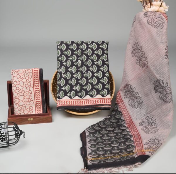 Block Print Cotton Suit With kota Doriya Dupatta