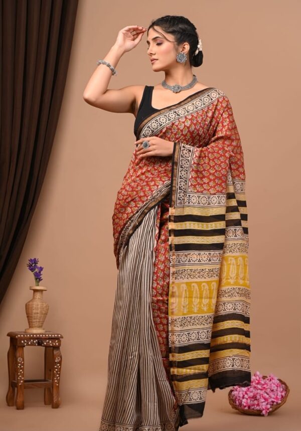 Hand Block Print Chandri Silk Saree