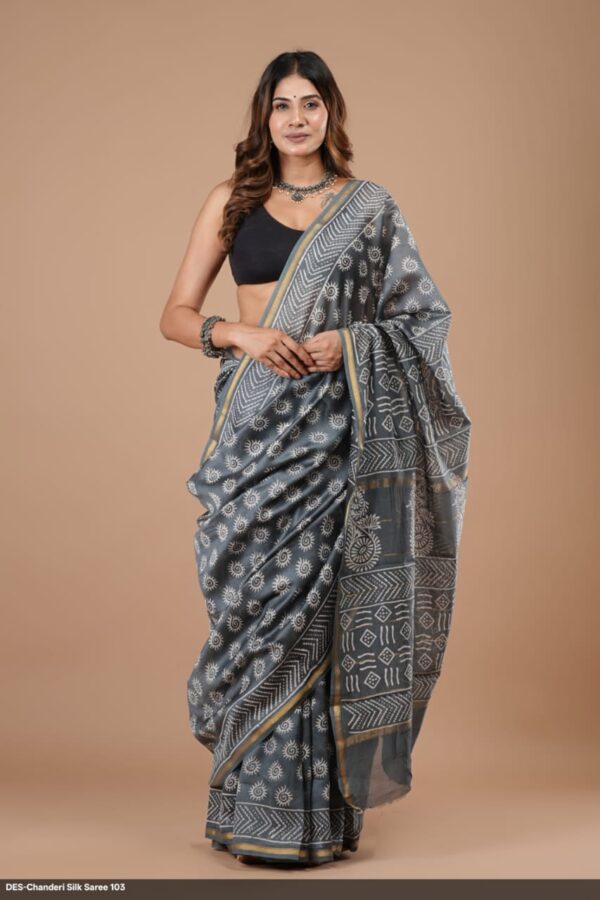 Hand Block Print Chandri Silk Saree