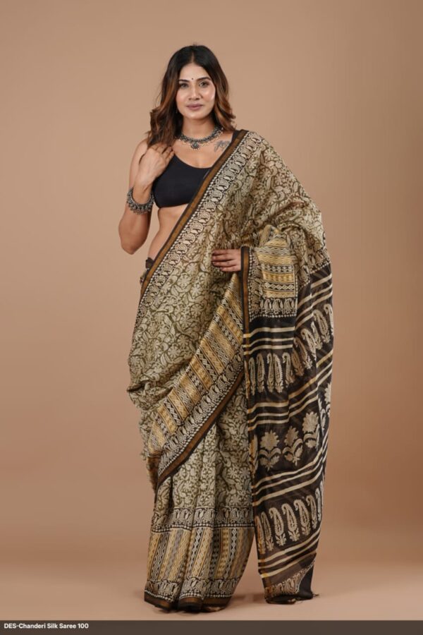 Hand Block Print Chandri Silk Saree