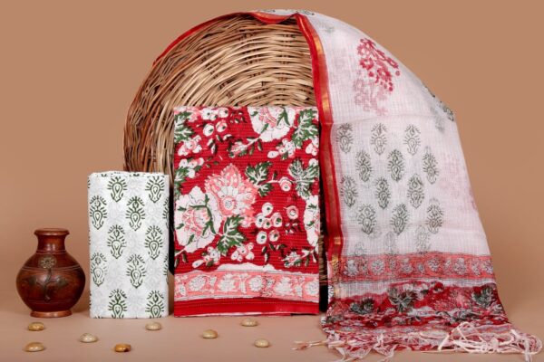 Hand Block Print Kantha Suit With Kota Doriya Dupatta
