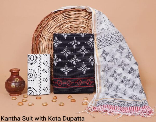 Hand Block Print Kantha Suit With Kota Doriya Dupatta
