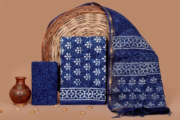 Hand Block Print Kantha Suit With Kota Doriya Dupatta