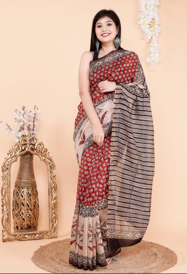 Hand Block Print Chandri Silk Saree