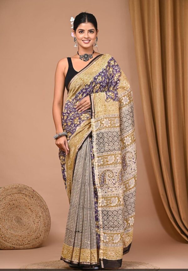 Hand Block Print Chandri Silk Saree